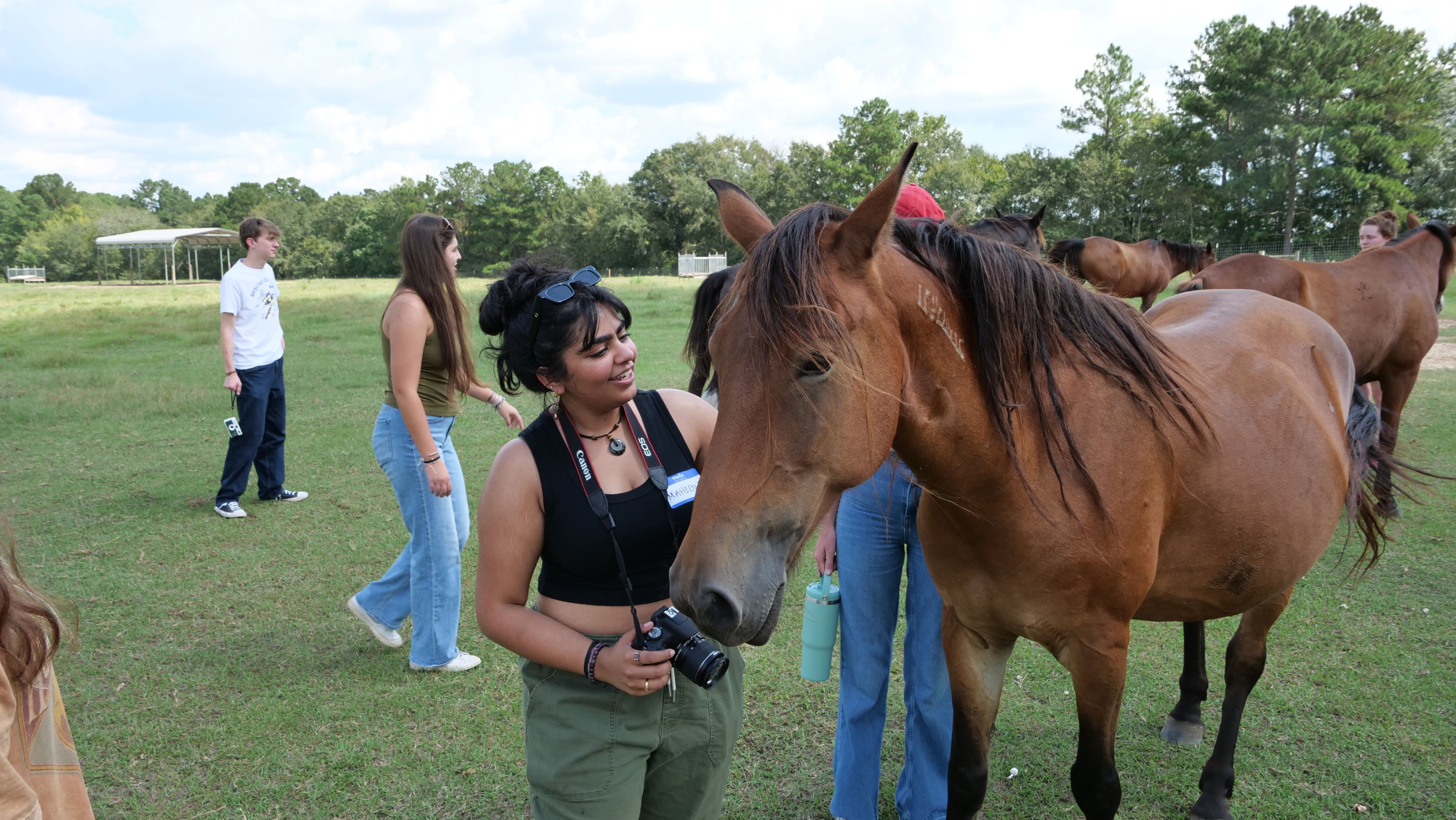 A student with a camera pets a mustang